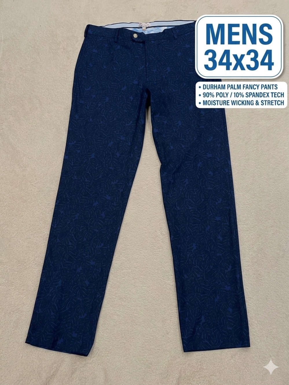 Peter Millar Crown Sport 34 x 34 Pants Golf Durham Palm Floral Fancy Navy Blue